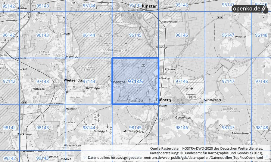 Übersichtskarte des KOSTRA-DWD-2020-Rasterfeldes Nr. 97145