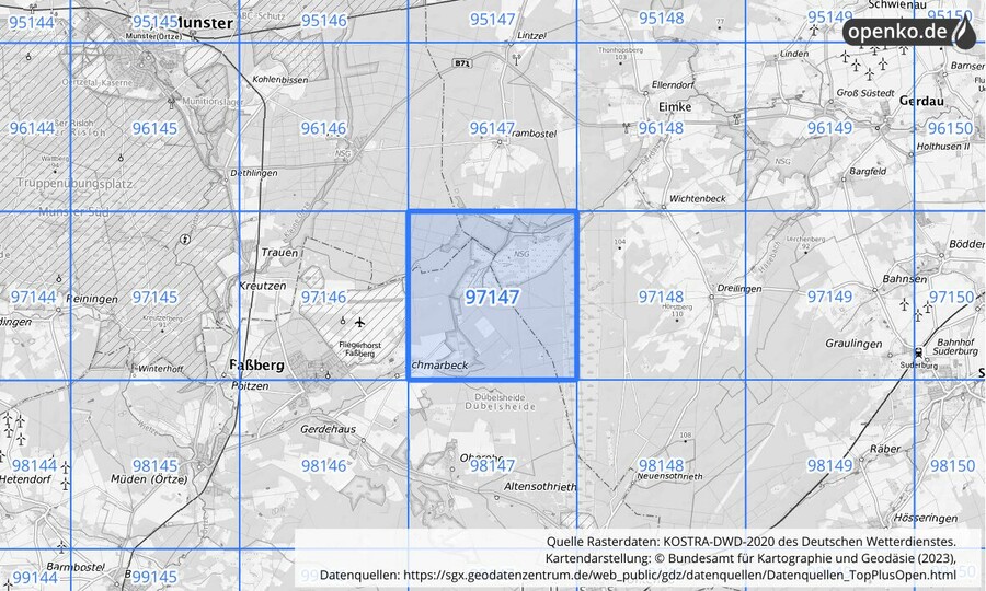 Übersichtskarte des KOSTRA-DWD-2020-Rasterfeldes Nr. 97147