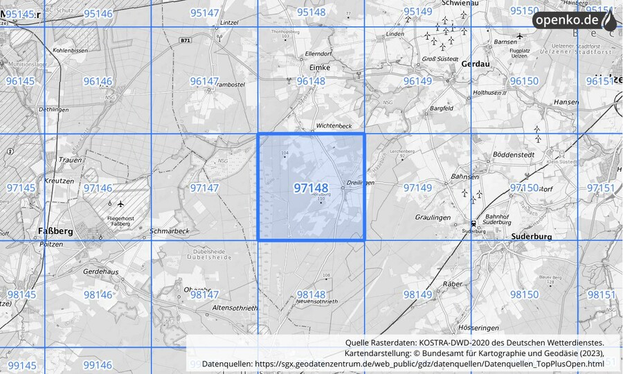 Übersichtskarte des KOSTRA-DWD-2020-Rasterfeldes Nr. 97148