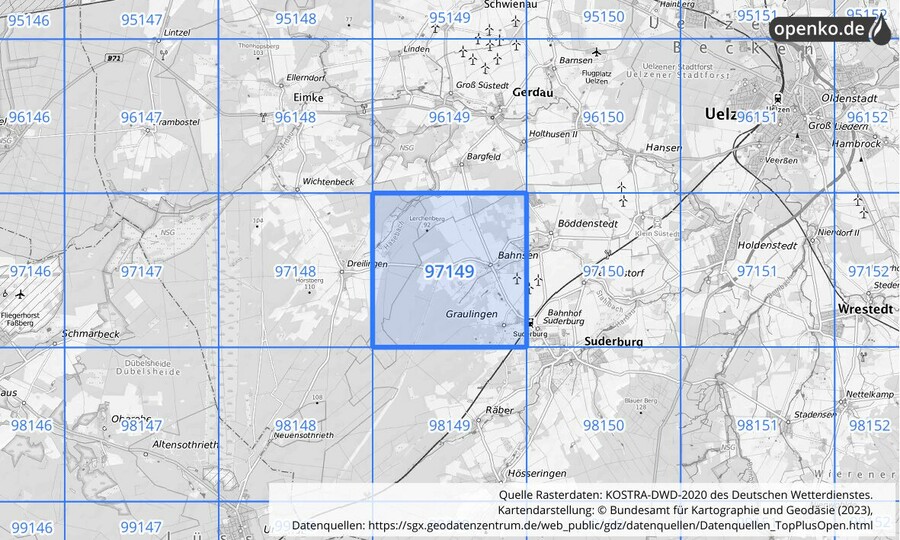 Übersichtskarte des KOSTRA-DWD-2020-Rasterfeldes Nr. 97149