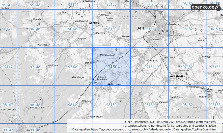 Übersichtskarte des KOSTRA-DWD-2020-Rasterfeldes Nr. 97150