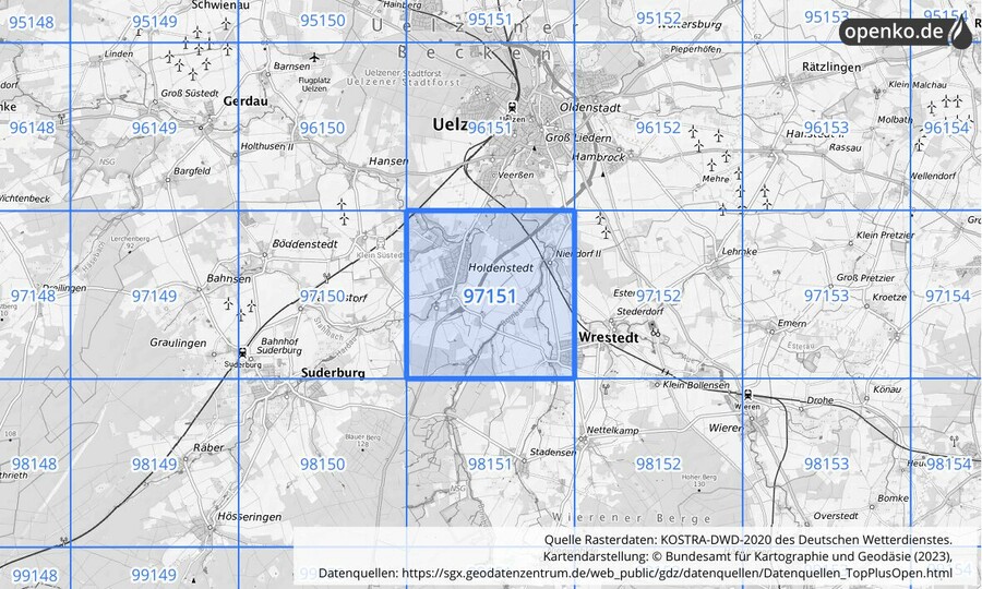 Übersichtskarte des KOSTRA-DWD-2020-Rasterfeldes Nr. 97151