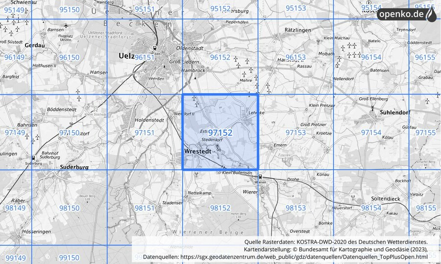 Übersichtskarte des KOSTRA-DWD-2020-Rasterfeldes Nr. 97152