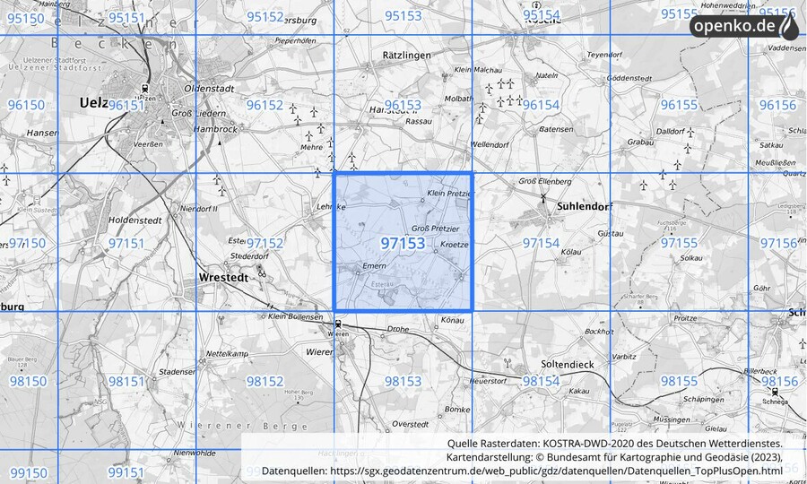 Übersichtskarte des KOSTRA-DWD-2020-Rasterfeldes Nr. 97153