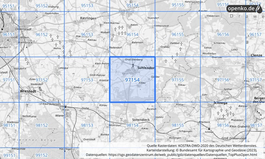 Übersichtskarte des KOSTRA-DWD-2020-Rasterfeldes Nr. 97154