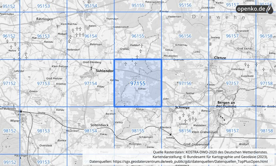 Übersichtskarte des KOSTRA-DWD-2020-Rasterfeldes Nr. 97155