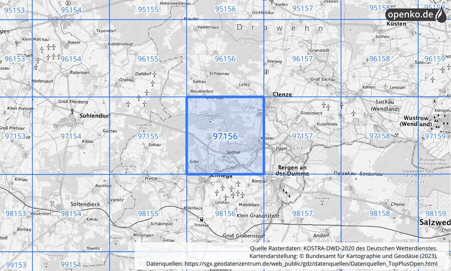 Übersichtskarte des KOSTRA-DWD-2020-Rasterfeldes Nr. 97156