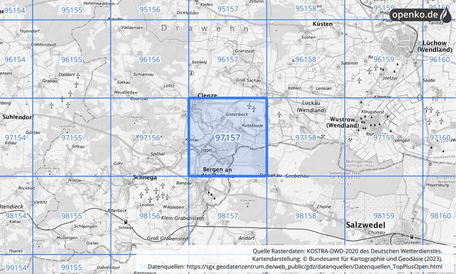 Übersichtskarte des KOSTRA-DWD-2020-Rasterfeldes Nr. 97157