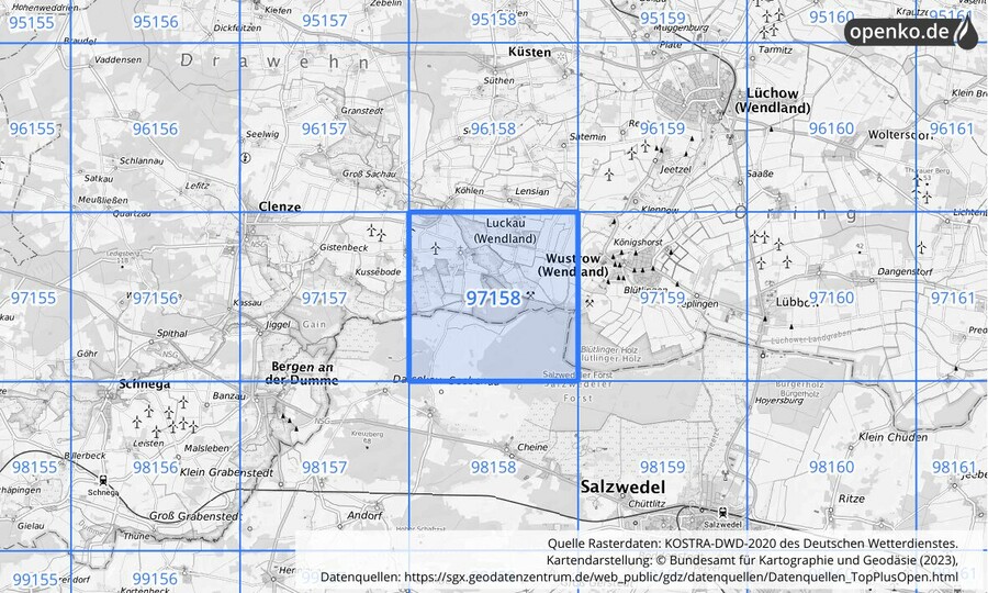 Übersichtskarte des KOSTRA-DWD-2020-Rasterfeldes Nr. 97158