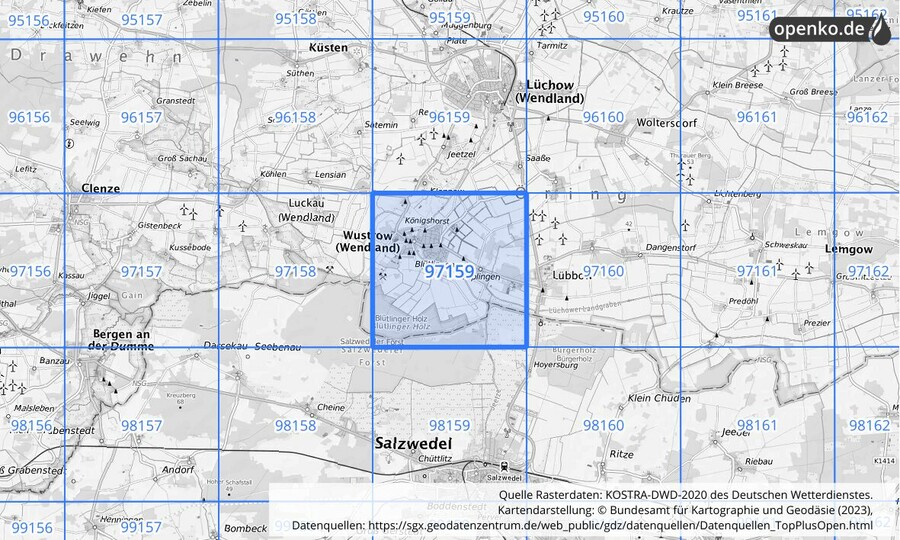 Übersichtskarte des KOSTRA-DWD-2020-Rasterfeldes Nr. 97159