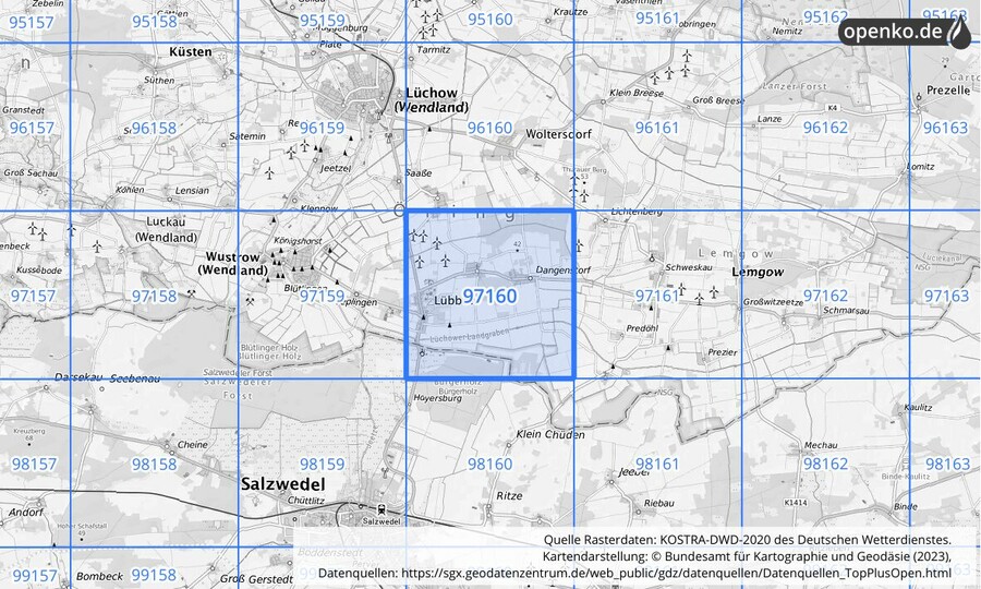 Übersichtskarte des KOSTRA-DWD-2020-Rasterfeldes Nr. 97160