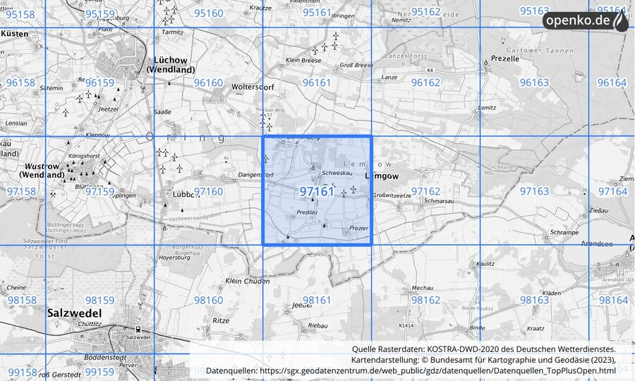 Übersichtskarte des KOSTRA-DWD-2020-Rasterfeldes Nr. 97161