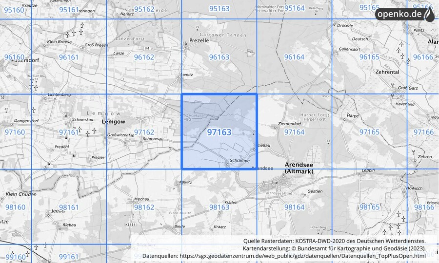 Übersichtskarte des KOSTRA-DWD-2020-Rasterfeldes Nr. 97163