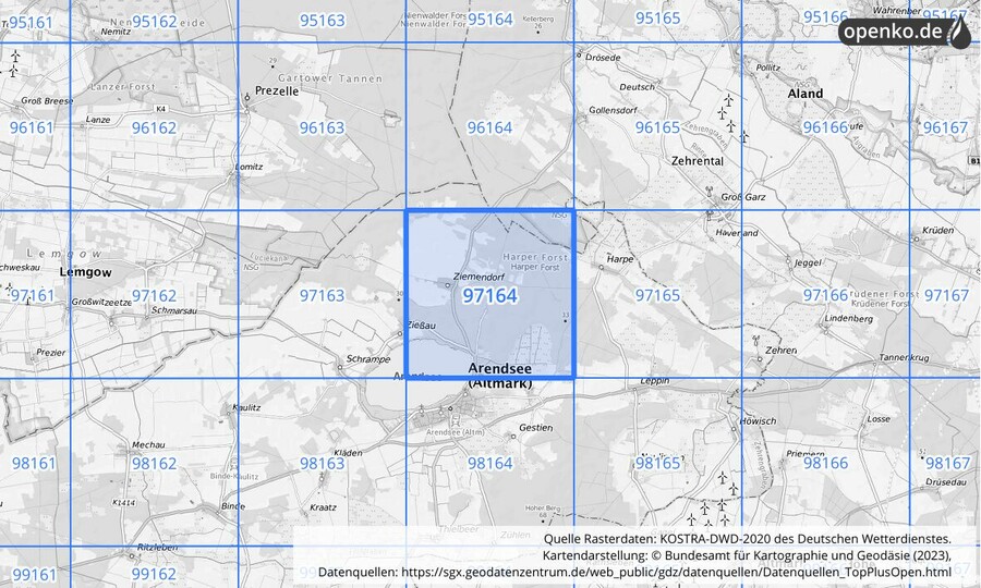 Übersichtskarte des KOSTRA-DWD-2020-Rasterfeldes Nr. 97164