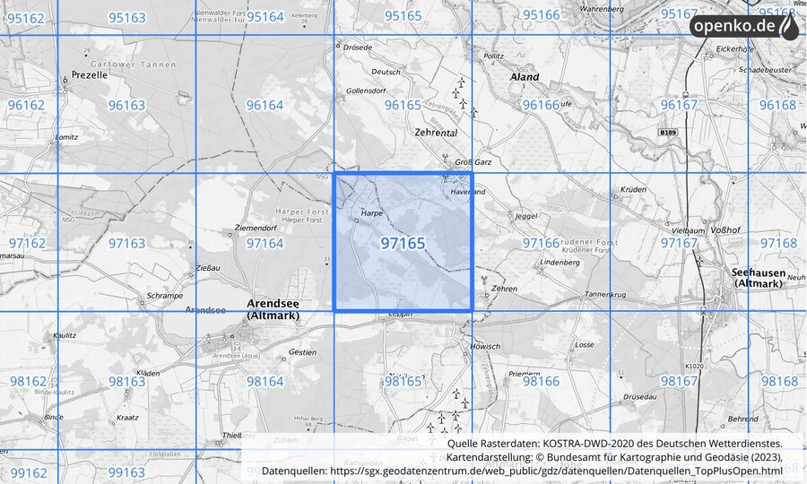 Übersichtskarte des KOSTRA-DWD-2020-Rasterfeldes Nr. 97165