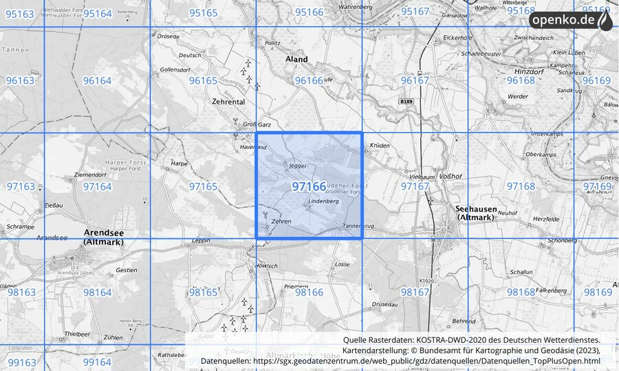 Übersichtskarte des KOSTRA-DWD-2020-Rasterfeldes Nr. 97166