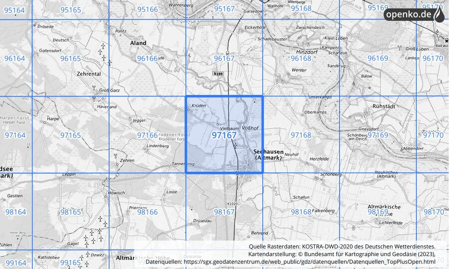 Übersichtskarte des KOSTRA-DWD-2020-Rasterfeldes Nr. 97167