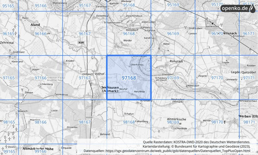 Übersichtskarte des KOSTRA-DWD-2020-Rasterfeldes Nr. 97168