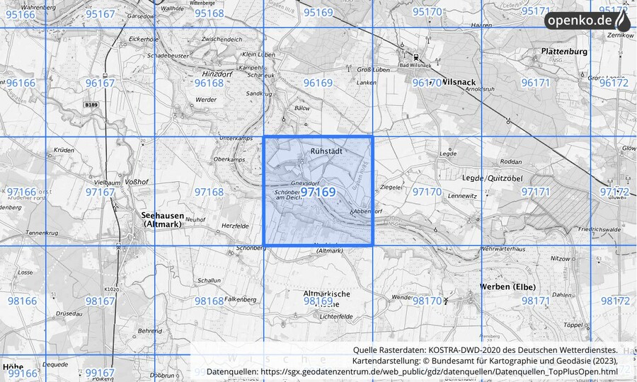 Übersichtskarte des KOSTRA-DWD-2020-Rasterfeldes Nr. 97169