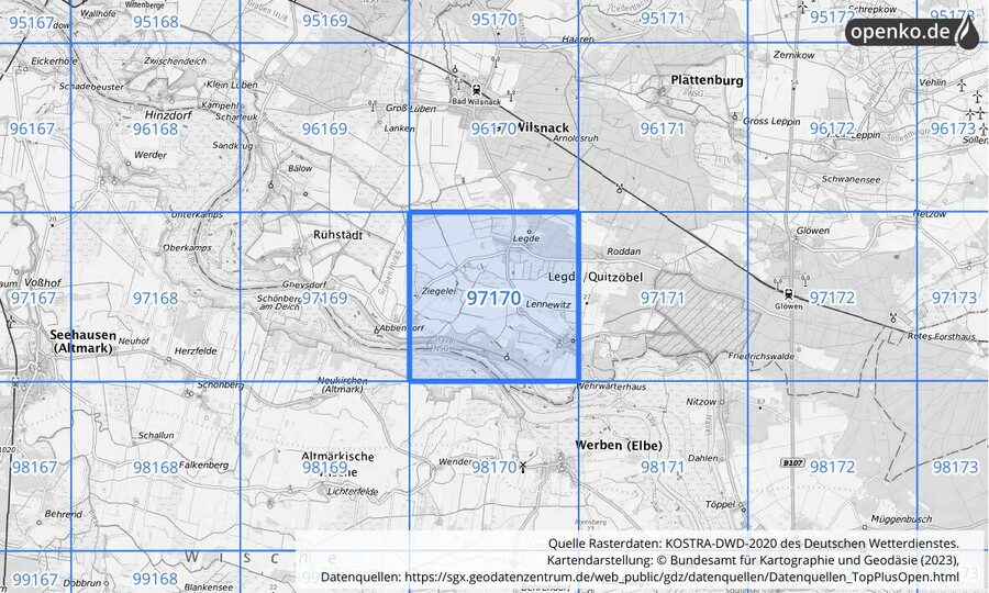 Übersichtskarte des KOSTRA-DWD-2020-Rasterfeldes Nr. 97170