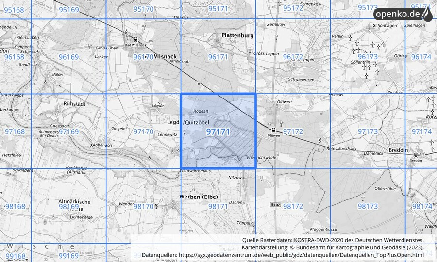 Übersichtskarte des KOSTRA-DWD-2020-Rasterfeldes Nr. 97171
