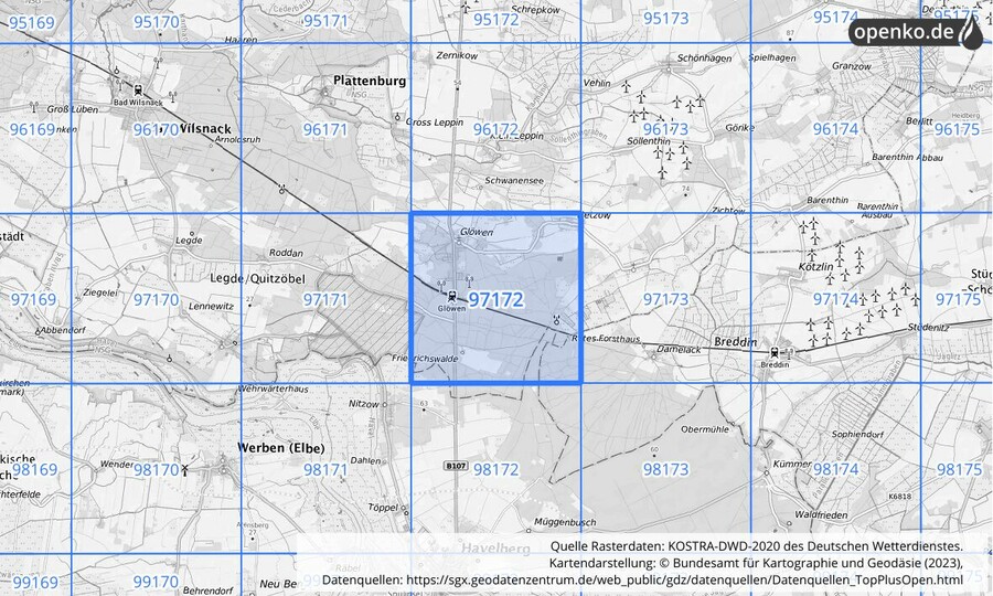 Übersichtskarte des KOSTRA-DWD-2020-Rasterfeldes Nr. 97172