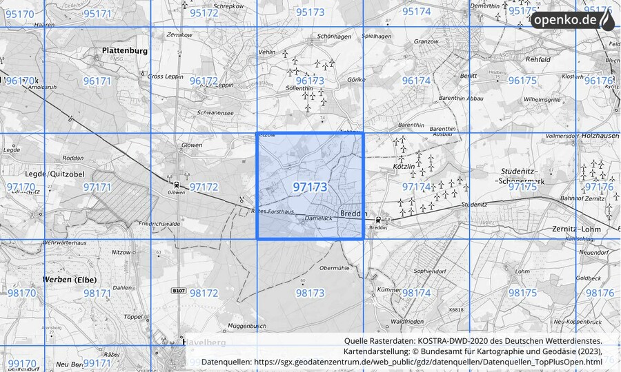 Übersichtskarte des KOSTRA-DWD-2020-Rasterfeldes Nr. 97173