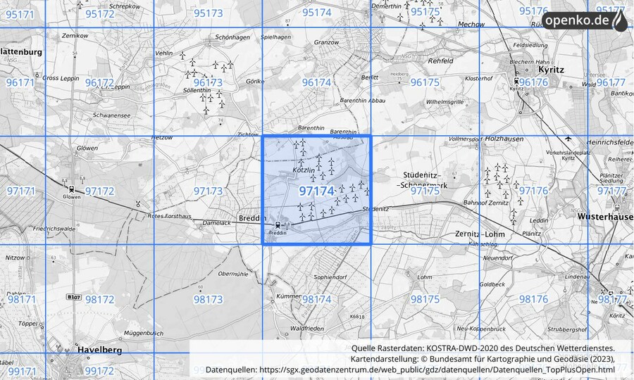 Übersichtskarte des KOSTRA-DWD-2020-Rasterfeldes Nr. 97174