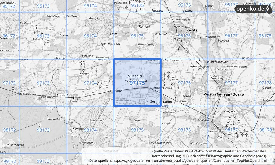 Übersichtskarte des KOSTRA-DWD-2020-Rasterfeldes Nr. 97175