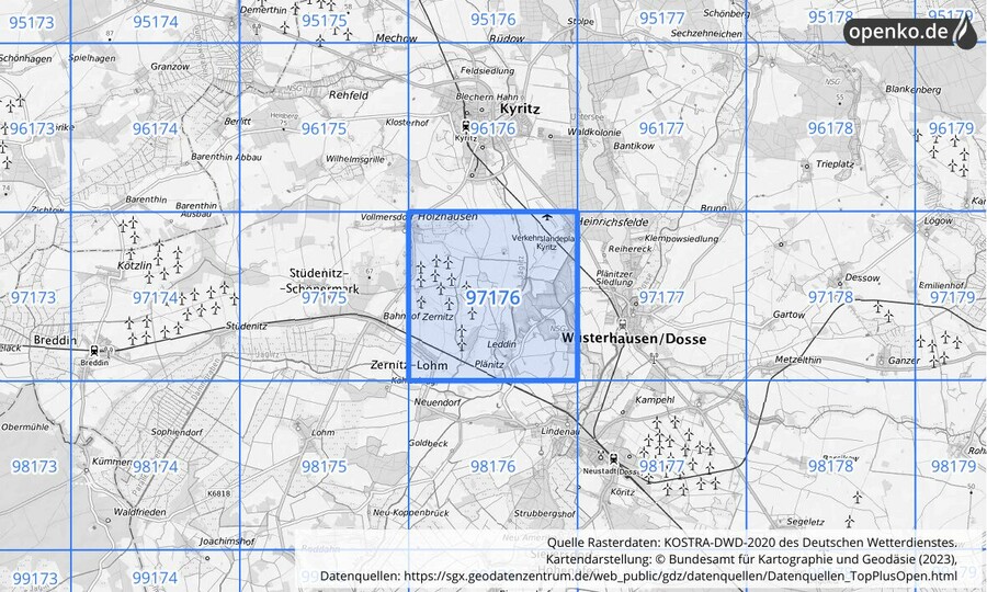 Übersichtskarte des KOSTRA-DWD-2020-Rasterfeldes Nr. 97176