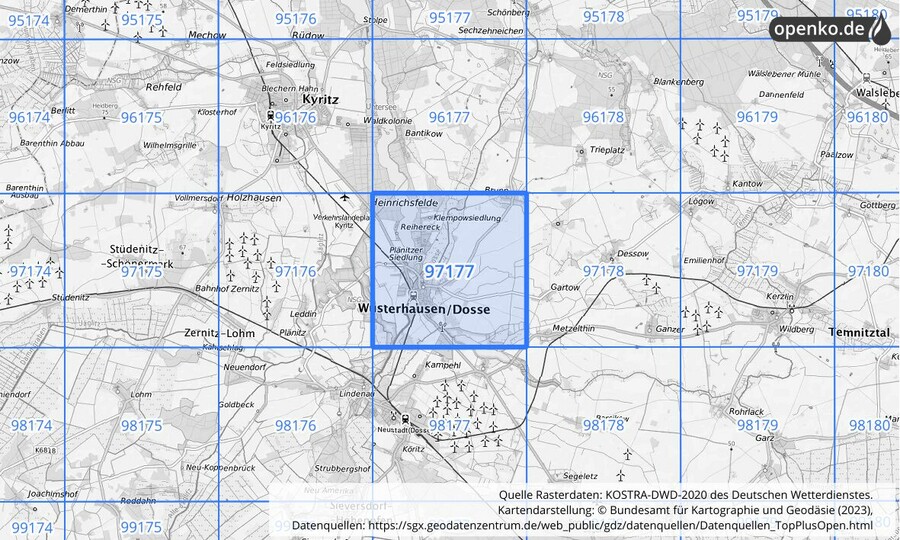 Übersichtskarte des KOSTRA-DWD-2020-Rasterfeldes Nr. 97177