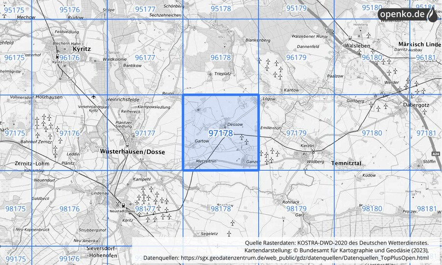 Übersichtskarte des KOSTRA-DWD-2020-Rasterfeldes Nr. 97178