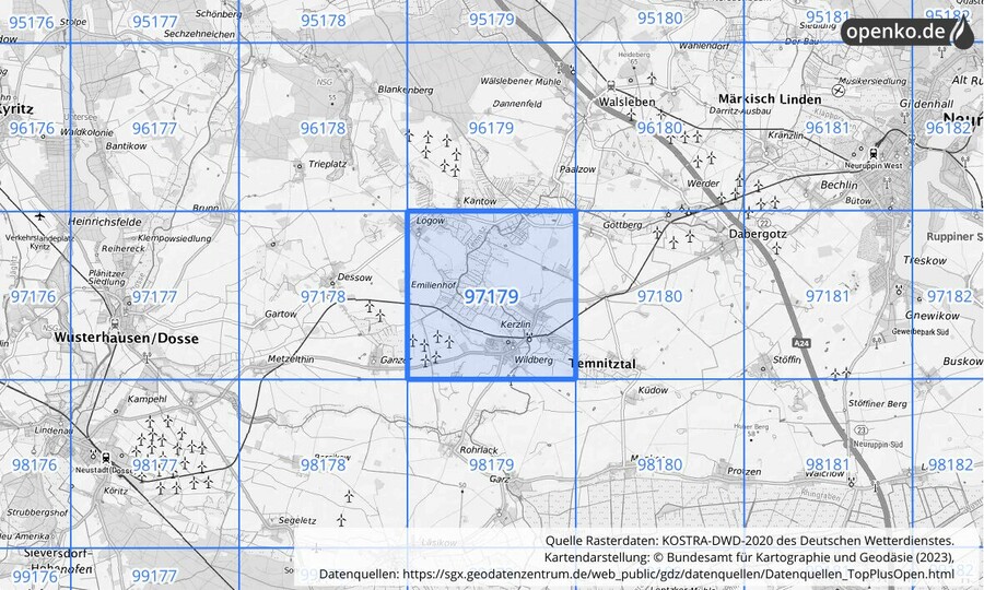 Übersichtskarte des KOSTRA-DWD-2020-Rasterfeldes Nr. 97179