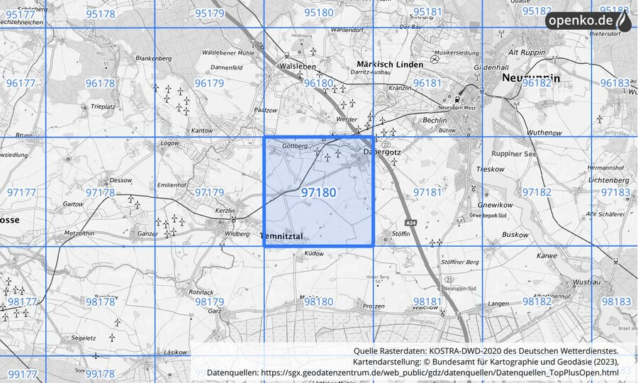 Übersichtskarte des KOSTRA-DWD-2020-Rasterfeldes Nr. 97180