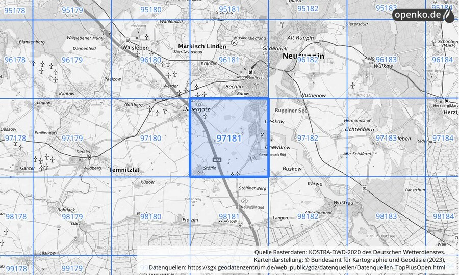 Übersichtskarte des KOSTRA-DWD-2020-Rasterfeldes Nr. 97181