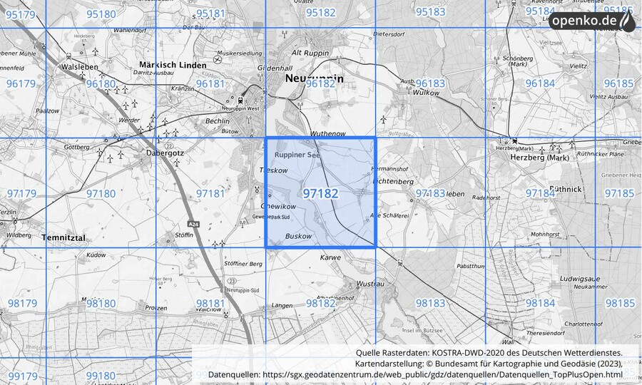 Übersichtskarte des KOSTRA-DWD-2020-Rasterfeldes Nr. 97182