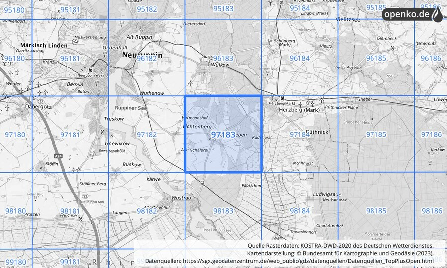 Übersichtskarte des KOSTRA-DWD-2020-Rasterfeldes Nr. 97183