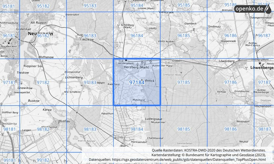 Übersichtskarte des KOSTRA-DWD-2020-Rasterfeldes Nr. 97184