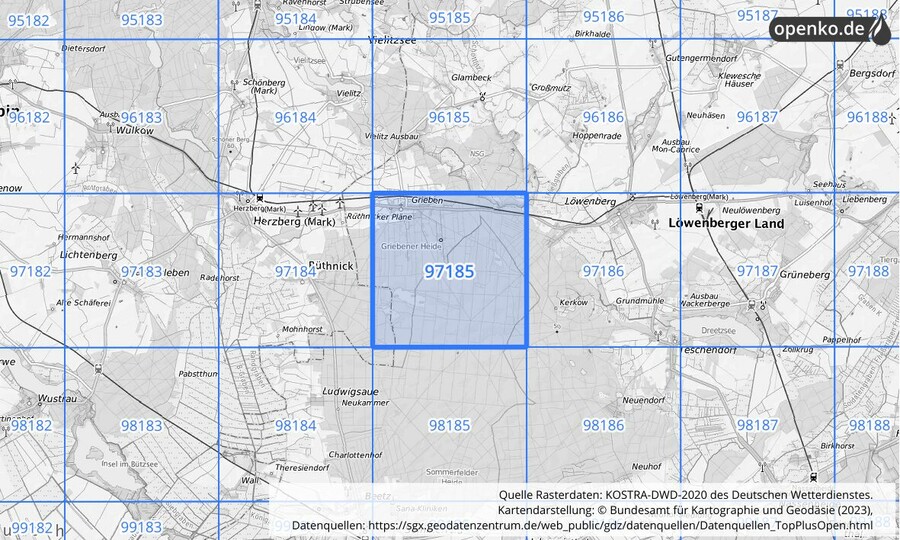 Übersichtskarte des KOSTRA-DWD-2020-Rasterfeldes Nr. 97185