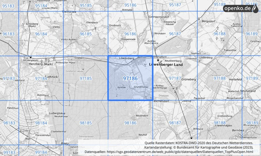 Übersichtskarte des KOSTRA-DWD-2020-Rasterfeldes Nr. 97186
