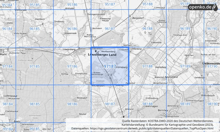 Übersichtskarte des KOSTRA-DWD-2020-Rasterfeldes Nr. 97187