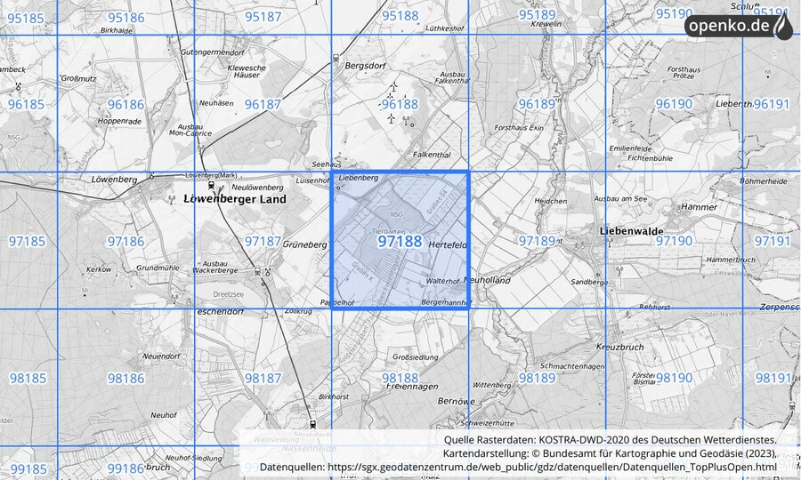 Übersichtskarte des KOSTRA-DWD-2020-Rasterfeldes Nr. 97188