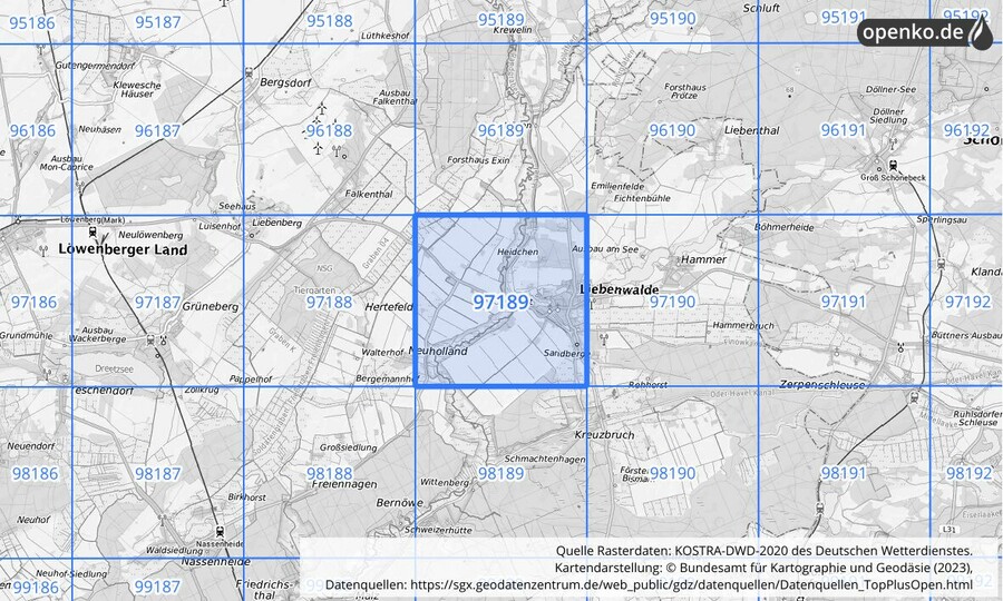 Übersichtskarte des KOSTRA-DWD-2020-Rasterfeldes Nr. 97189