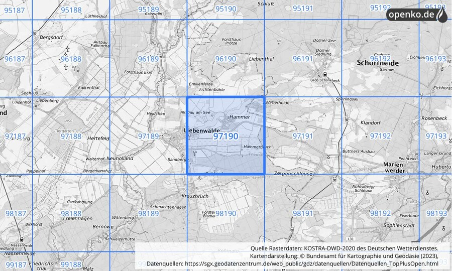 Übersichtskarte des KOSTRA-DWD-2020-Rasterfeldes Nr. 97190