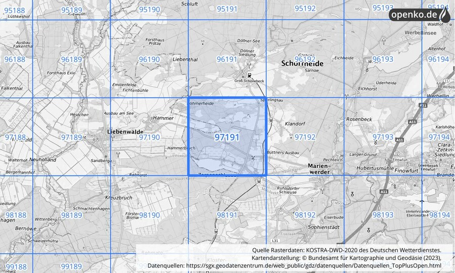 Übersichtskarte des KOSTRA-DWD-2020-Rasterfeldes Nr. 97191