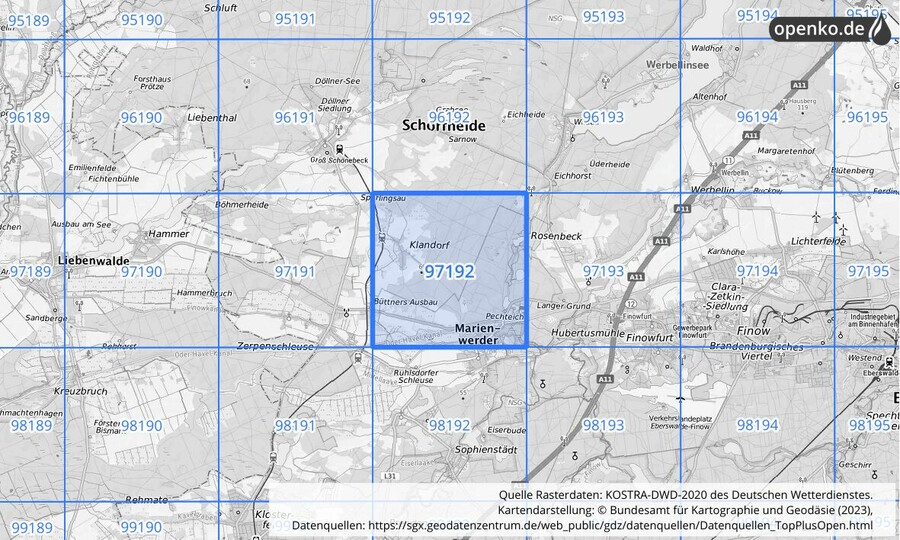 Übersichtskarte des KOSTRA-DWD-2020-Rasterfeldes Nr. 97192