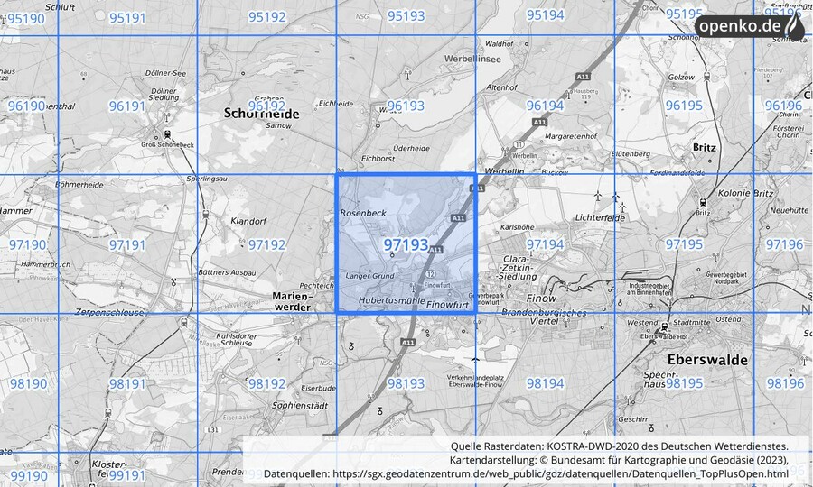 Übersichtskarte des KOSTRA-DWD-2020-Rasterfeldes Nr. 97193