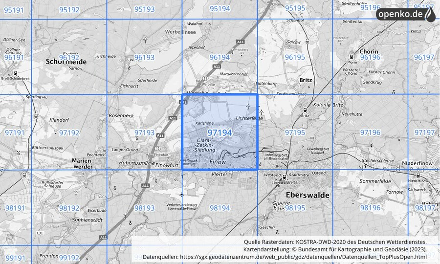 Übersichtskarte des KOSTRA-DWD-2020-Rasterfeldes Nr. 97194