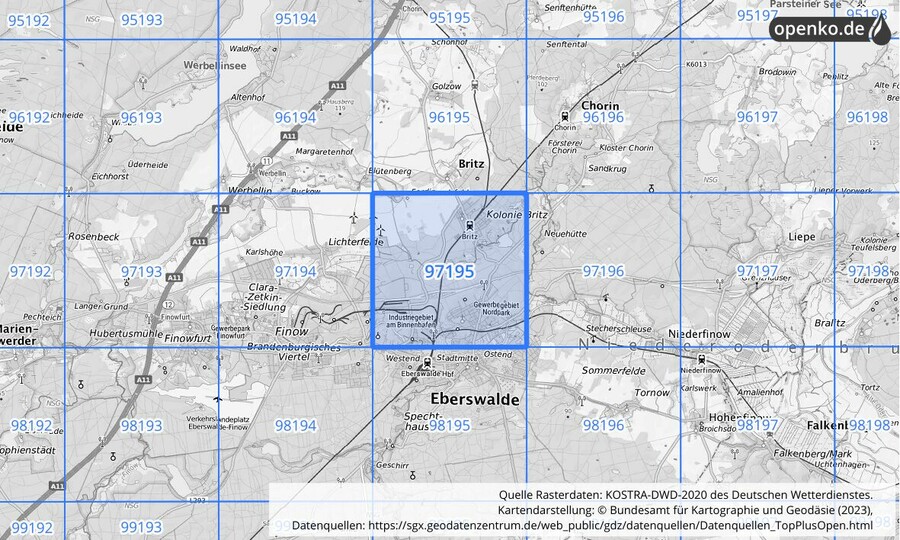 Übersichtskarte des KOSTRA-DWD-2020-Rasterfeldes Nr. 97195