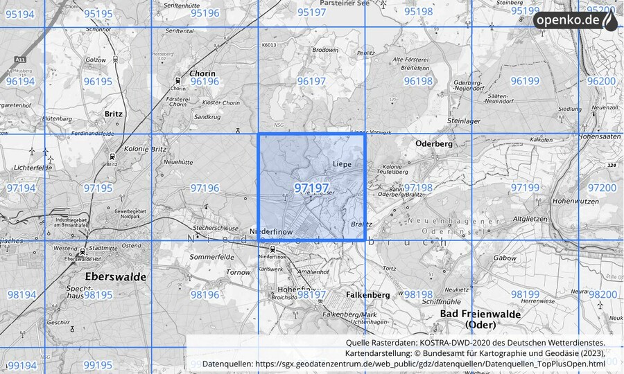 Übersichtskarte des KOSTRA-DWD-2020-Rasterfeldes Nr. 97197